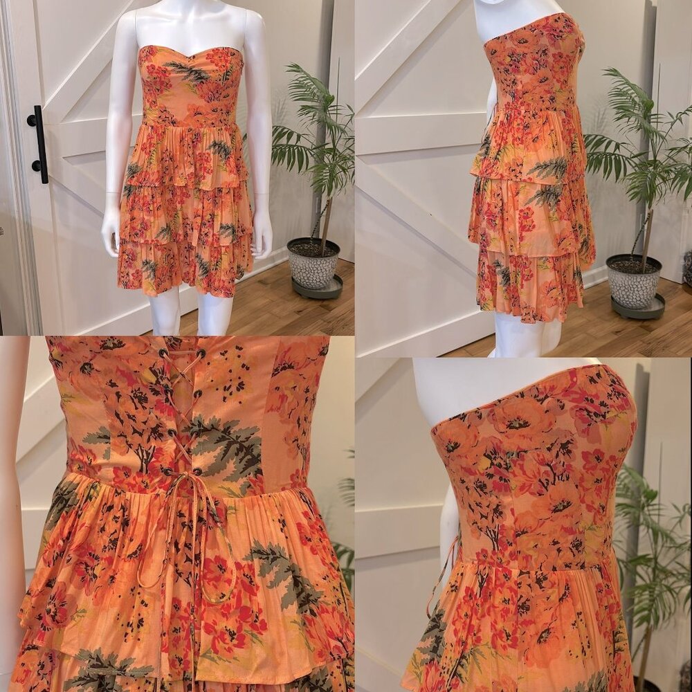 Botanical Lace Up Back Sweetheart Neckline Babydoll Tiered Strapless Mini Dress